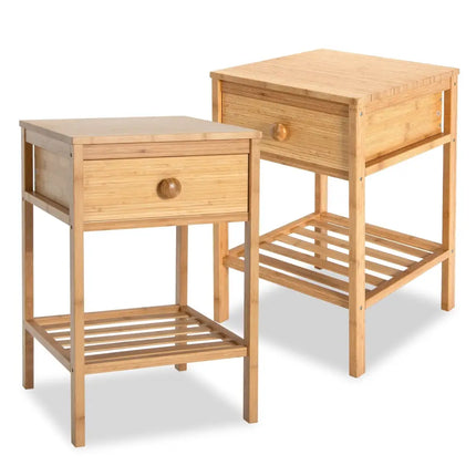Set of 2 Bamboo End Tables with Drawer and Open Shelf-Natural - Natural - Nightstands