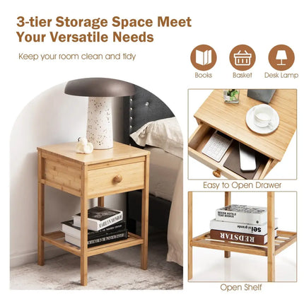 Set of 2 Bamboo End Tables with Drawer and Open Shelf-Natural - Natural - Nightstands