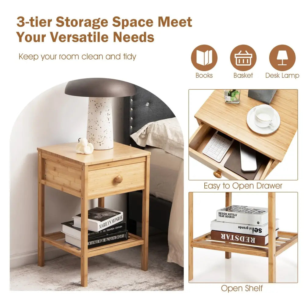Set of 2 Bamboo End Tables with Drawer and Open Shelf-Natural - Natural - Nightstands