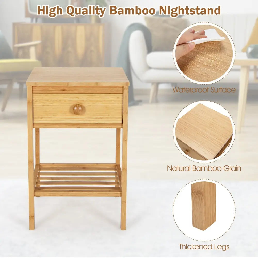 Set of 2 Bamboo End Tables with Drawer and Open Shelf-Natural - Natural - Nightstands