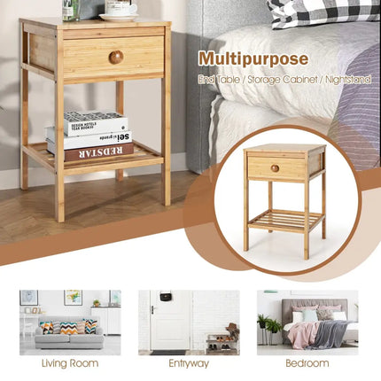 Set of 2 Bamboo End Tables with Drawer and Open Shelf-Natural - Natural - Nightstands