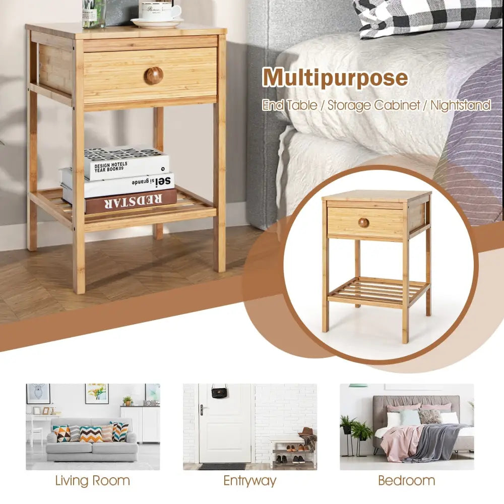 Set of 2 Bamboo End Tables with Drawer and Open Shelf-Natural - Natural - Nightstands