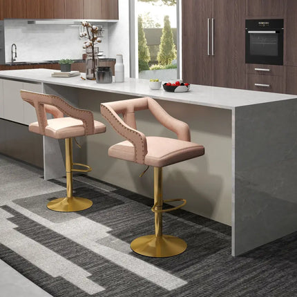 Set of 2 Bar Chairs with Footrest and 2-Layer Electroplated Metal Base-Pink - Pink - Bar Stools