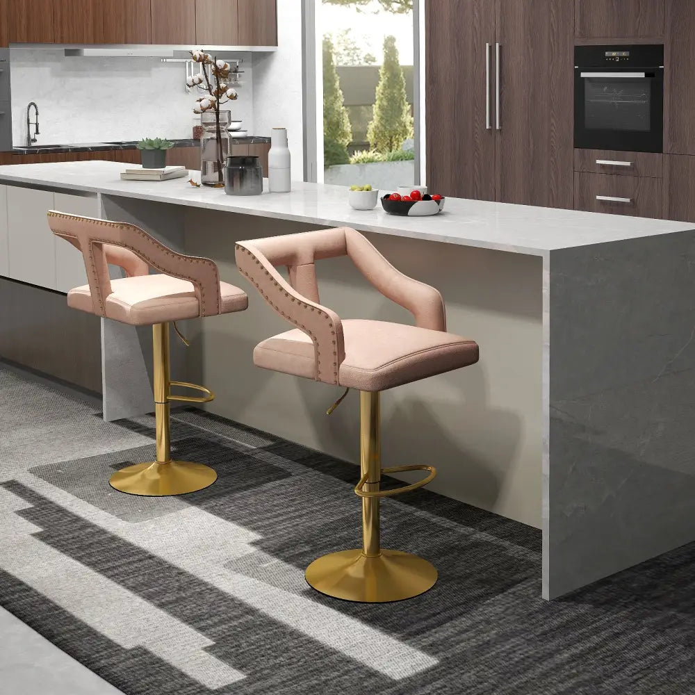 Set of 2 Bar Chairs with Footrest and 2-Layer Electroplated Metal Base-Pink - Pink - Bar Stools