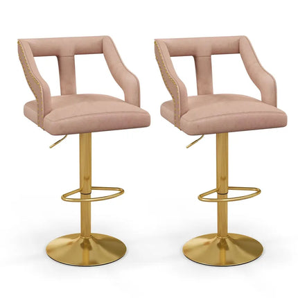 Set of 2 Bar Chairs with Footrest and 2-Layer Electroplated Metal Base-Pink - Pink - Bar Stools