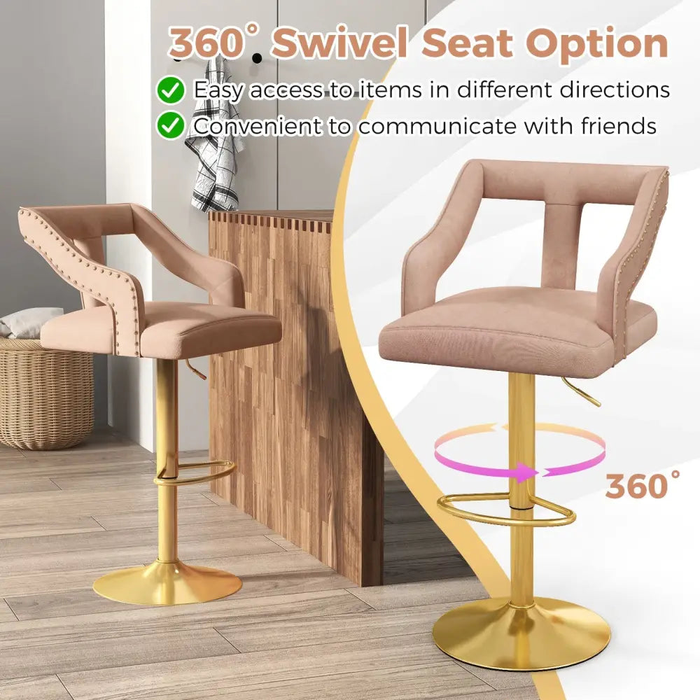 Set of 2 Bar Chairs with Footrest and 2-Layer Electroplated Metal Base-Pink - Pink - Bar Stools