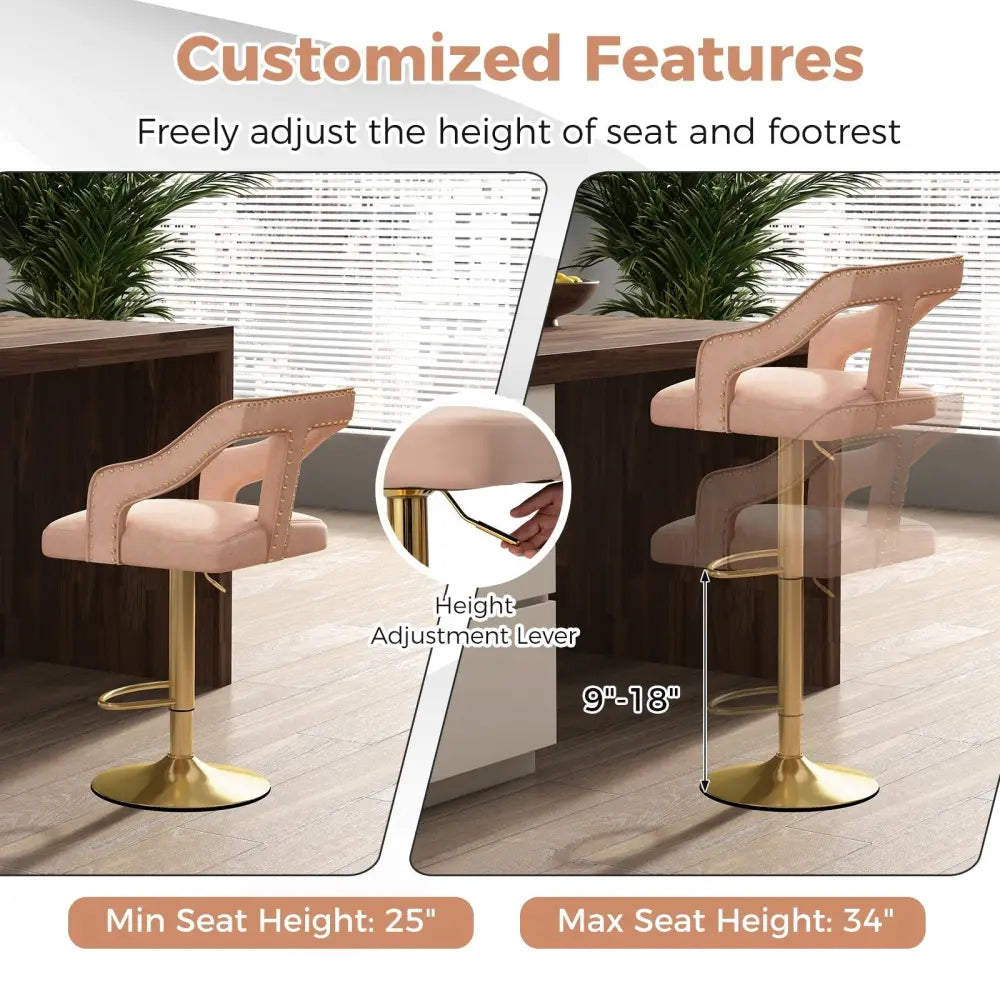 Set of 2 Bar Chairs with Footrest and 2-Layer Electroplated Metal Base-Pink - Pink - Bar Stools