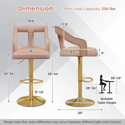 Set of 2 Bar Chairs with Footrest and 2-Layer Electroplated Metal Base-Pink - Pink - Bar Stools