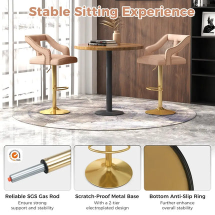 Set of 2 Bar Chairs with Footrest and 2-Layer Electroplated Metal Base-Pink - Pink - Bar Stools