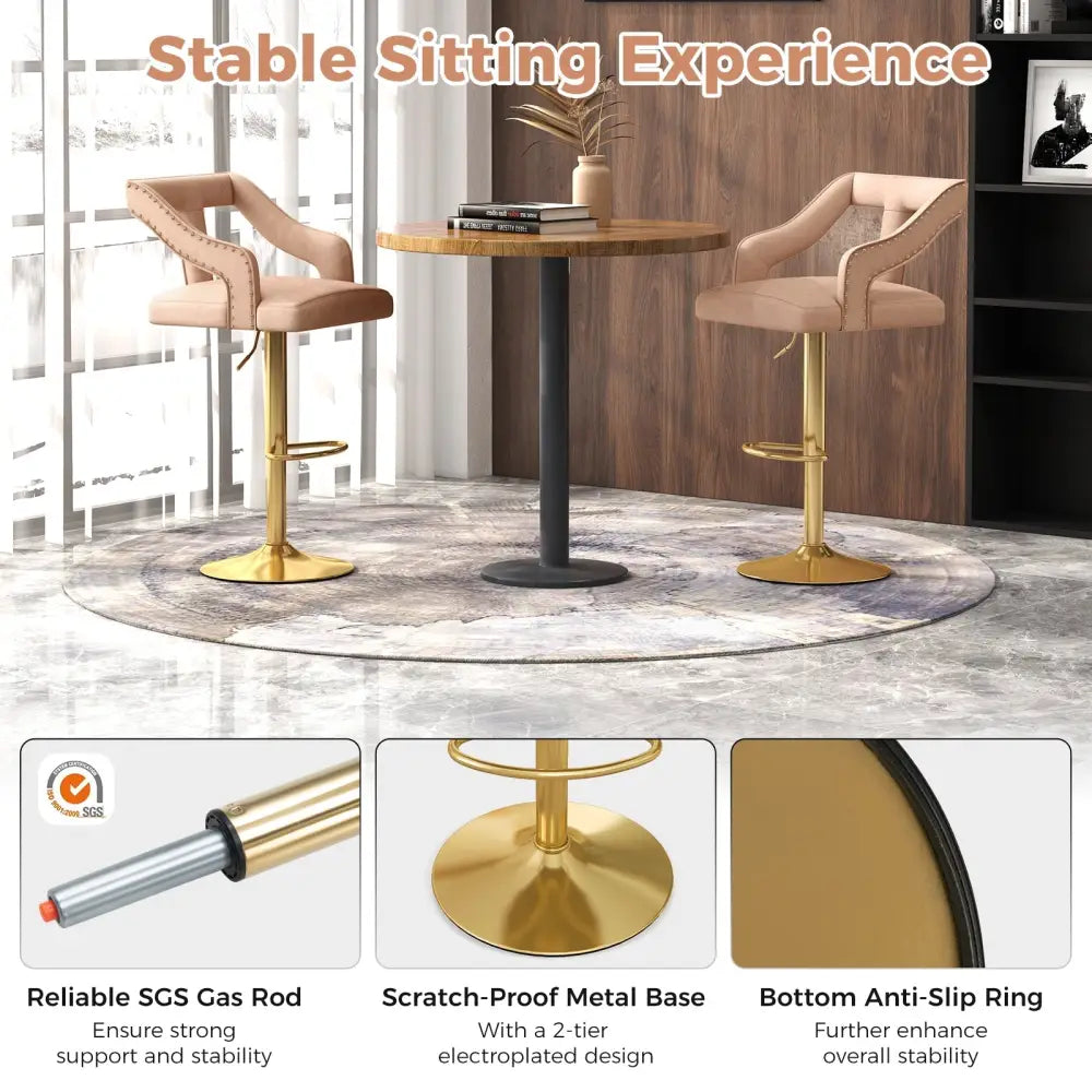 Set of 2 Bar Chairs with Footrest and 2-Layer Electroplated Metal Base-Pink - Pink - Bar Stools