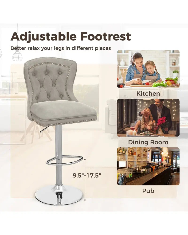 Set of 2 Bar Chairs with Footrest Electroplated Metal Base and Anti-Slip Ring-Gray - Gray - Bar Stools