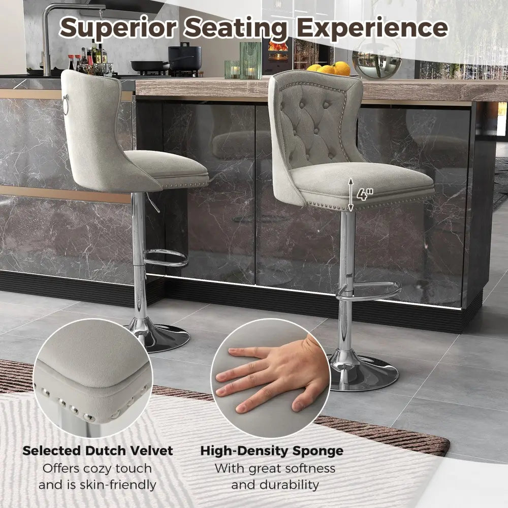 Set of 2 Bar Chairs with Footrest Electroplated Metal Base and Anti-Slip Ring-Gray - Gray - Bar Stools