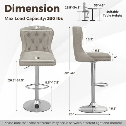 Set of 2 Bar Chairs with Footrest Electroplated Metal Base and Anti-Slip Ring-Gray - Gray - Bar Stools