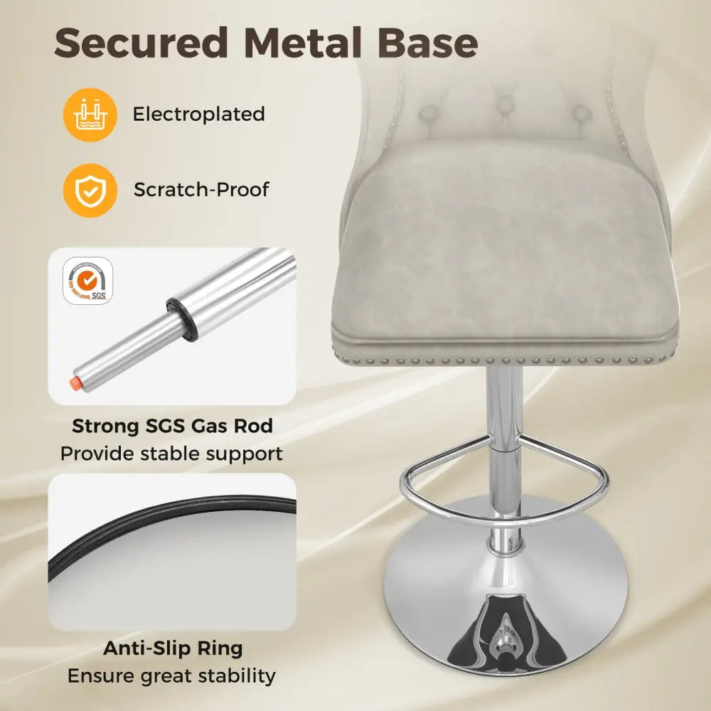 Set of 2 Bar Chairs with Footrest Electroplated Metal Base and Anti-Slip Ring-Gray - Gray - Bar Stools