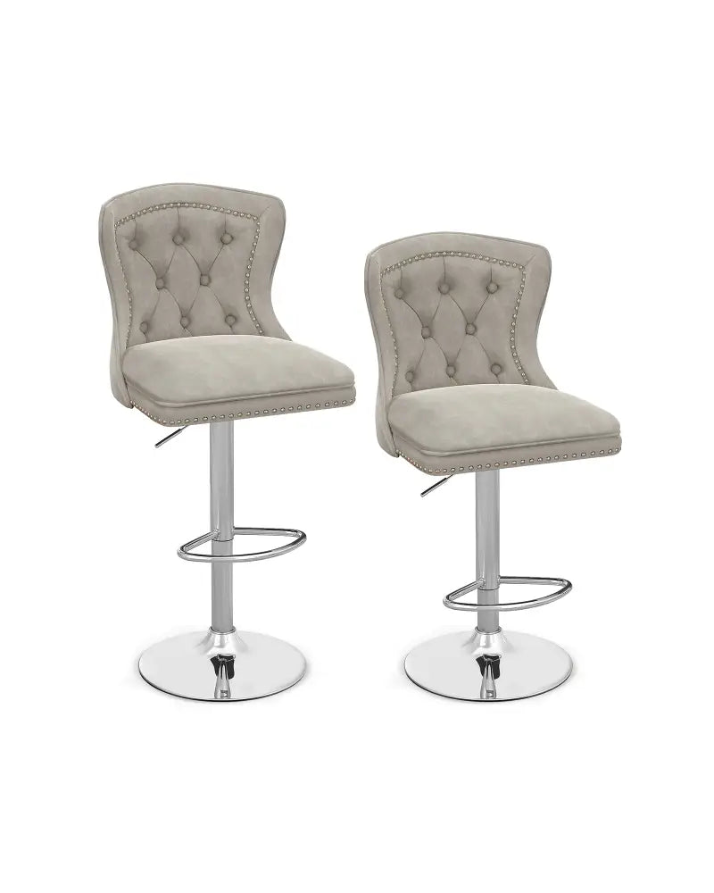 Set of 2 Bar Chairs with Footrest Electroplated Metal Base and Anti-Slip Ring-Gray - Gray - Bar Stools