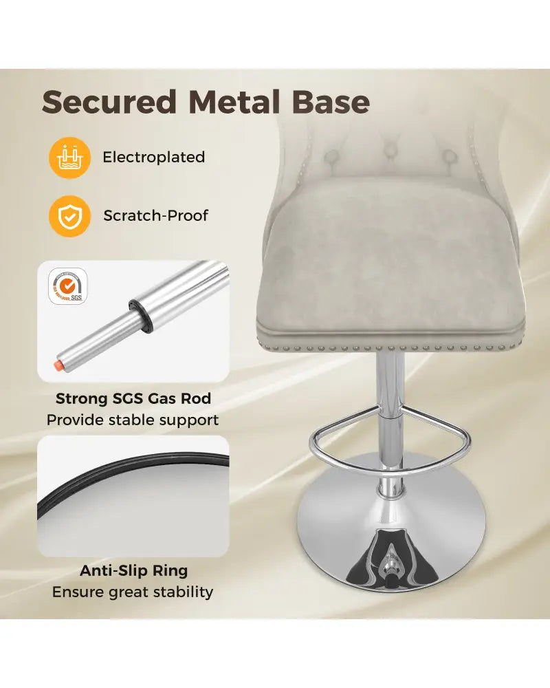 Set of 2 Bar Chairs with Footrest Electroplated Metal Base and Anti-Slip Ring-Gray - Gray - Bar Stools