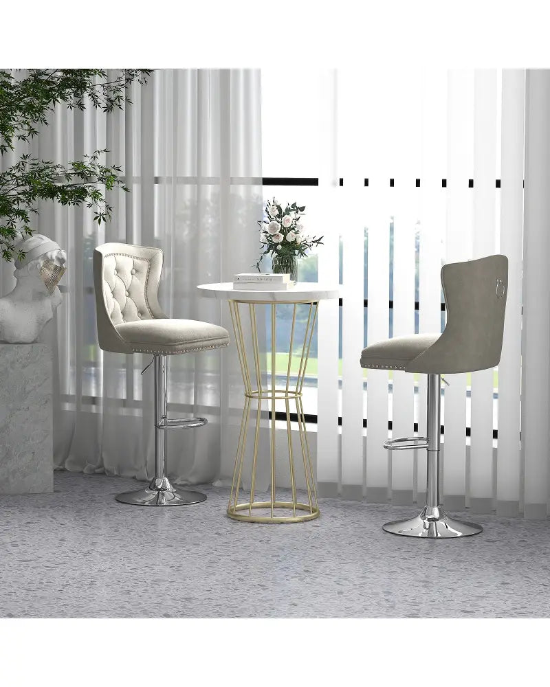 Set of 2 Bar Chairs with Footrest Electroplated Metal Base and Anti-Slip Ring-Gray - Gray - Bar Stools