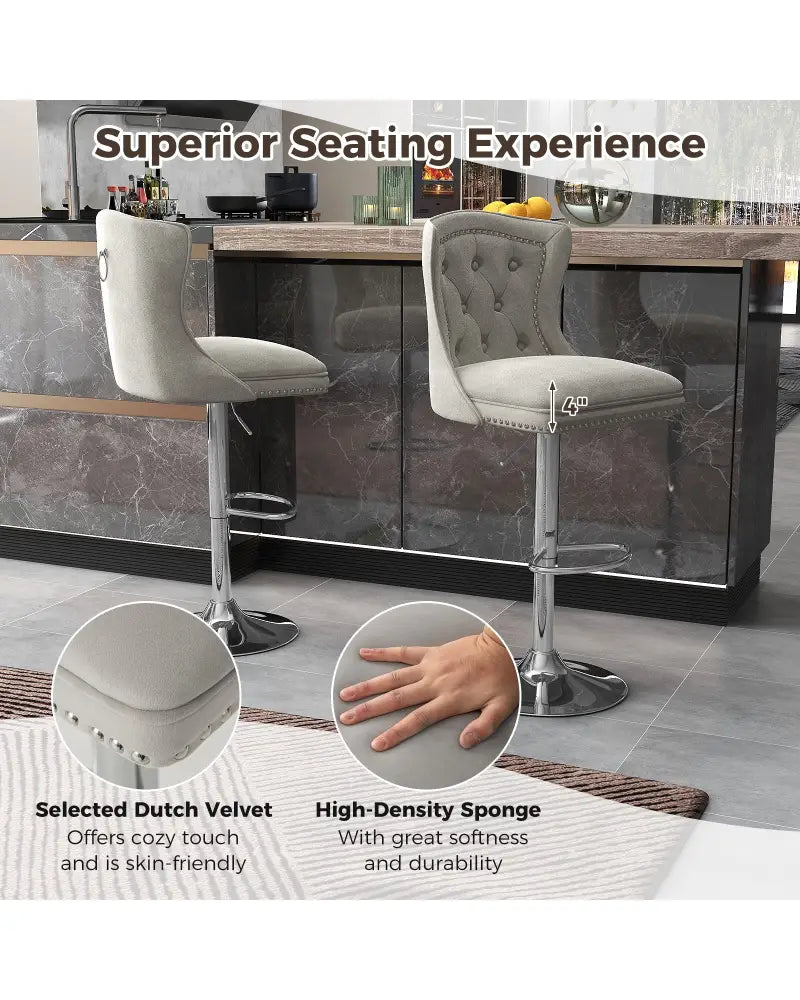 Set of 2 Bar Chairs with Footrest Electroplated Metal Base and Anti-Slip Ring-Gray - Gray - Bar Stools