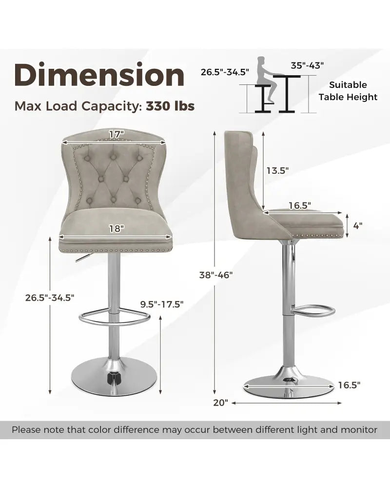 Set of 2 Bar Chairs with Footrest Electroplated Metal Base and Anti-Slip Ring-Gray - Gray - Bar Stools