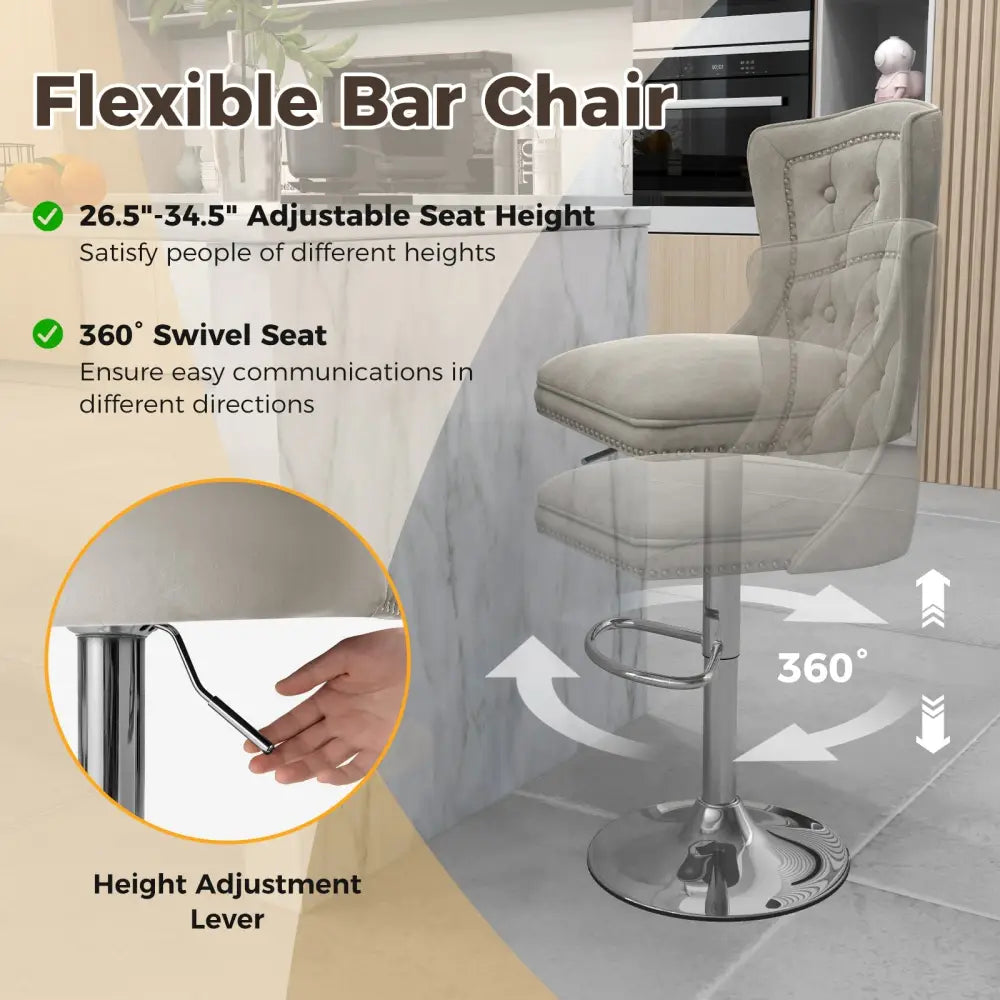 Set of 2 Bar Chairs with Footrest Electroplated Metal Base and Anti-Slip Ring-Gray - Gray - Bar Stools
