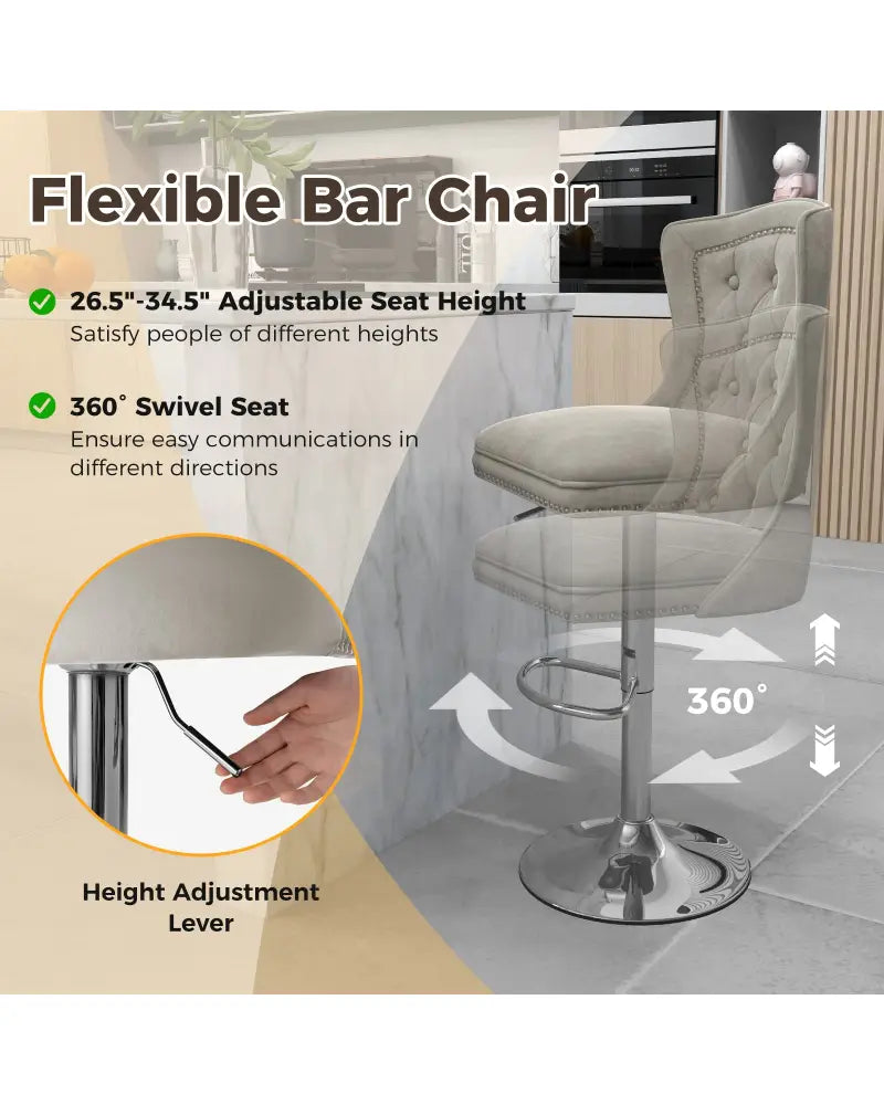 Set of 2 Bar Chairs with Footrest Electroplated Metal Base and Anti-Slip Ring-Gray - Gray - Bar Stools