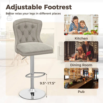 Set of 2 Bar Chairs with Footrest Electroplated Metal Base and Anti-Slip Ring-Gray - Gray - Bar Stools