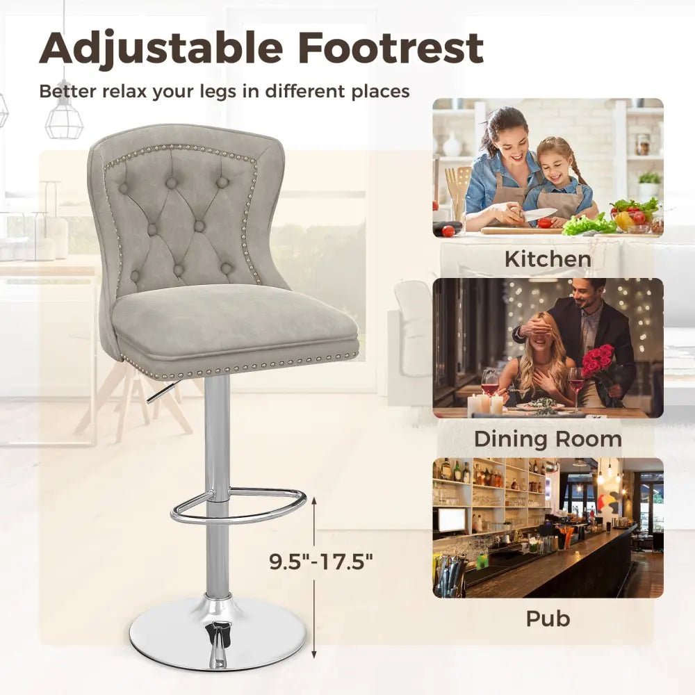 Set of 2 Bar Chairs with Footrest Electroplated Metal Base and Anti-Slip Ring-Gray - Gray - Bar Stools