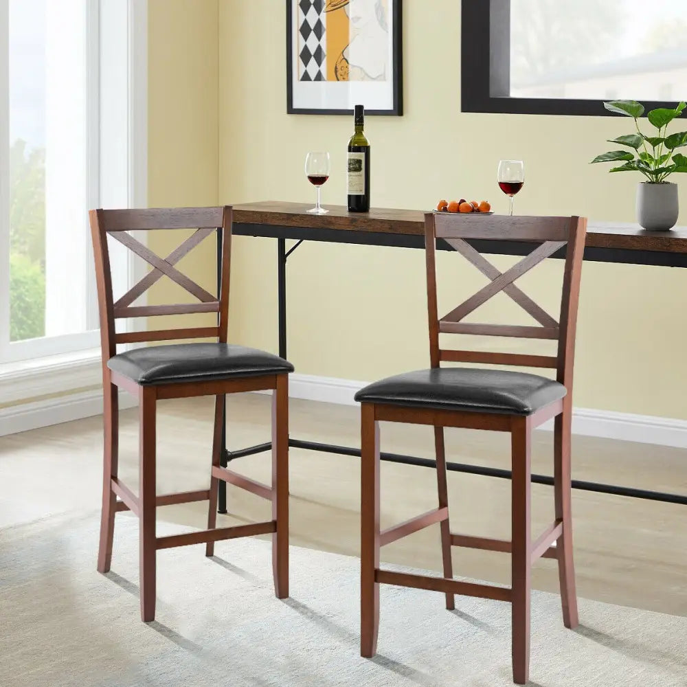 Set of 2 Bar Stools 25 Inch Counter Height Chairs with PU Leather Seat - Walnut - Bar Stools