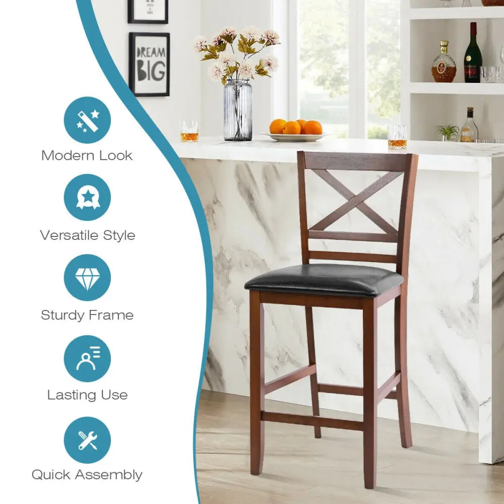 Set of 2 Bar Stools 25 Inch Counter Height Chairs with PU Leather Seat - Walnut - Bar Stools