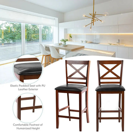 Set of 2 Bar Stools 25 Inch Counter Height Chairs with PU Leather Seat - Walnut - Bar Stools
