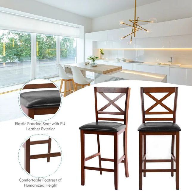 Set of 2 Bar Stools 25 Inch Counter Height Chairs with PU Leather Seat - Walnut - Bar Stools