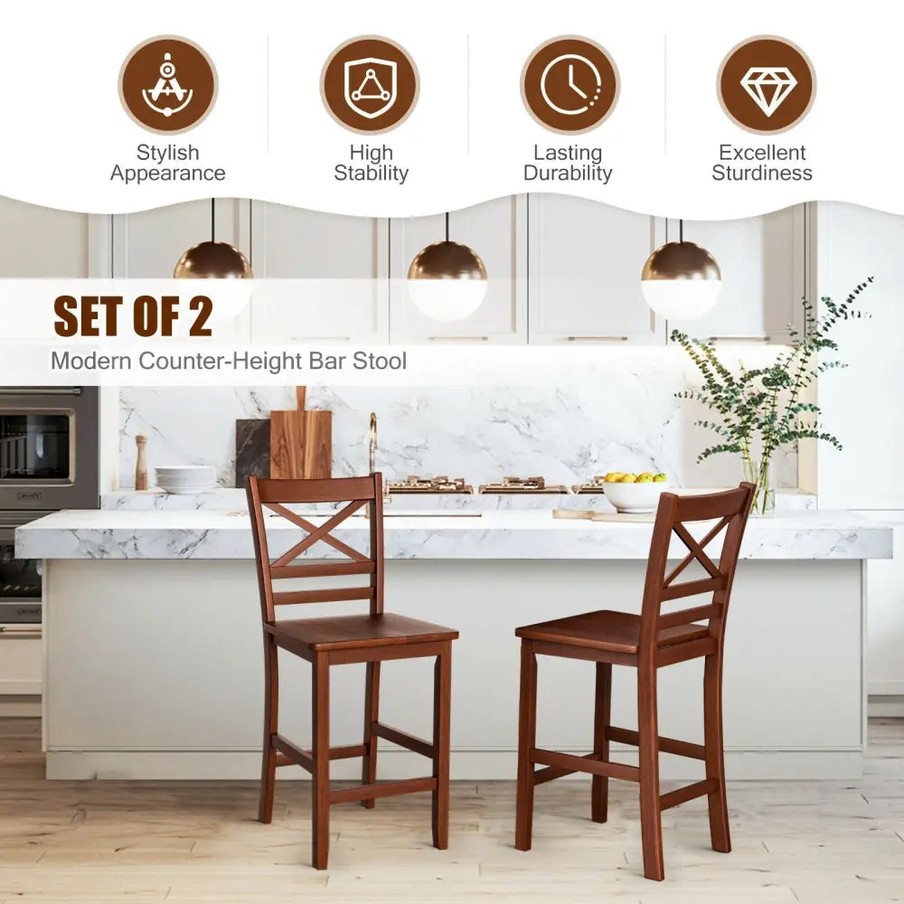 Set of 2 Bar Stools 25 Inch Counter Height Chairs with Rubber Wood Legs - Walnut - Bar Stools