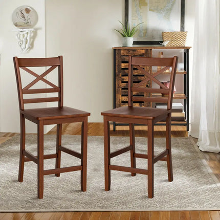 Set of 2 Bar Stools 25 Inch Counter Height Chairs with Rubber Wood Legs - Walnut - Bar Stools