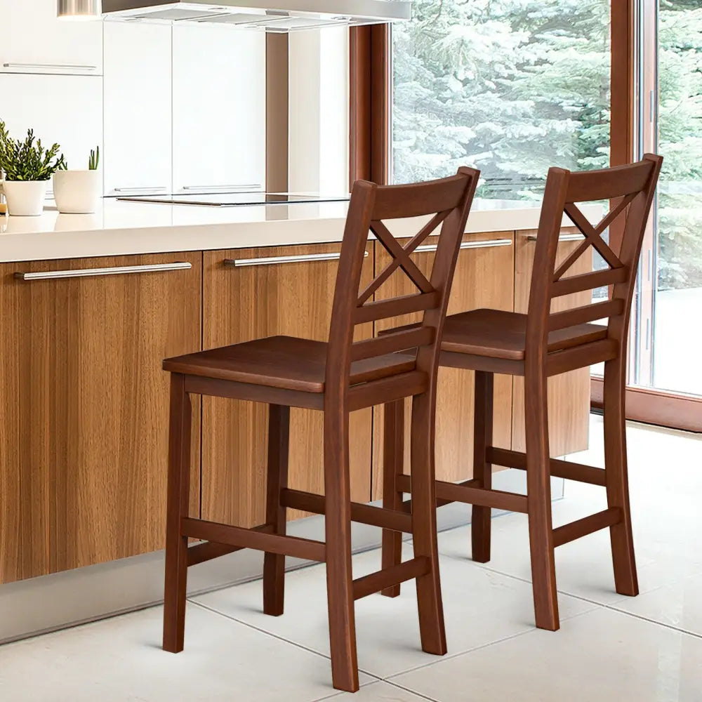 Set of 2 Bar Stools 25 Inch Counter Height Chairs with Rubber Wood Legs - Walnut - Bar Stools