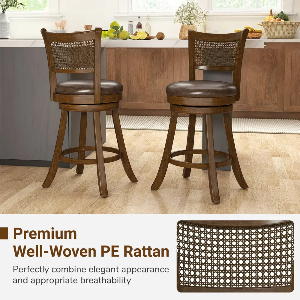 Set of 2 Bar Stools 25’’ Swivel Bar Chairs Leathaire Counter Height Stools-Brown - Brown - Bar Stools