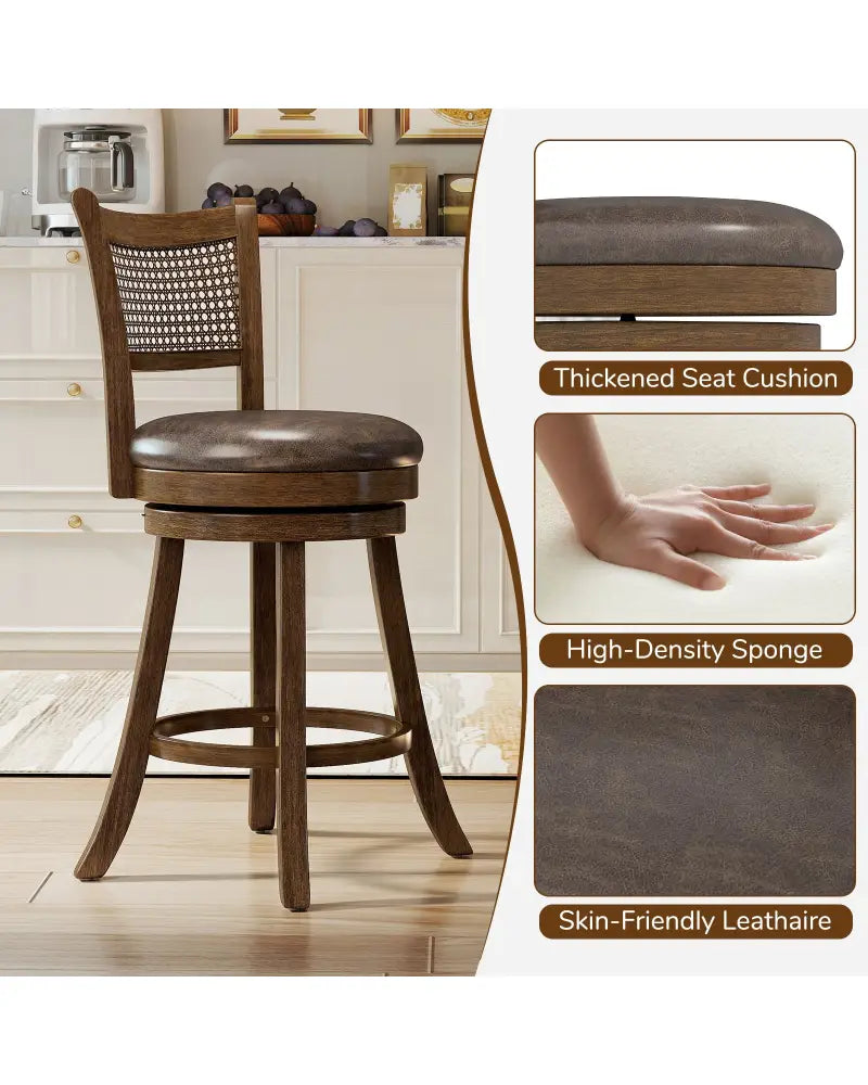 Set of 2 Bar Stools 25’’ Swivel Bar Chairs Leathaire Counter Height Stools-Brown - Brown - Bar Stools