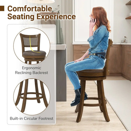 Set of 2 Bar Stools 25’’ Swivel Bar Chairs Leathaire Counter Height Stools-Brown - Brown - Bar Stools