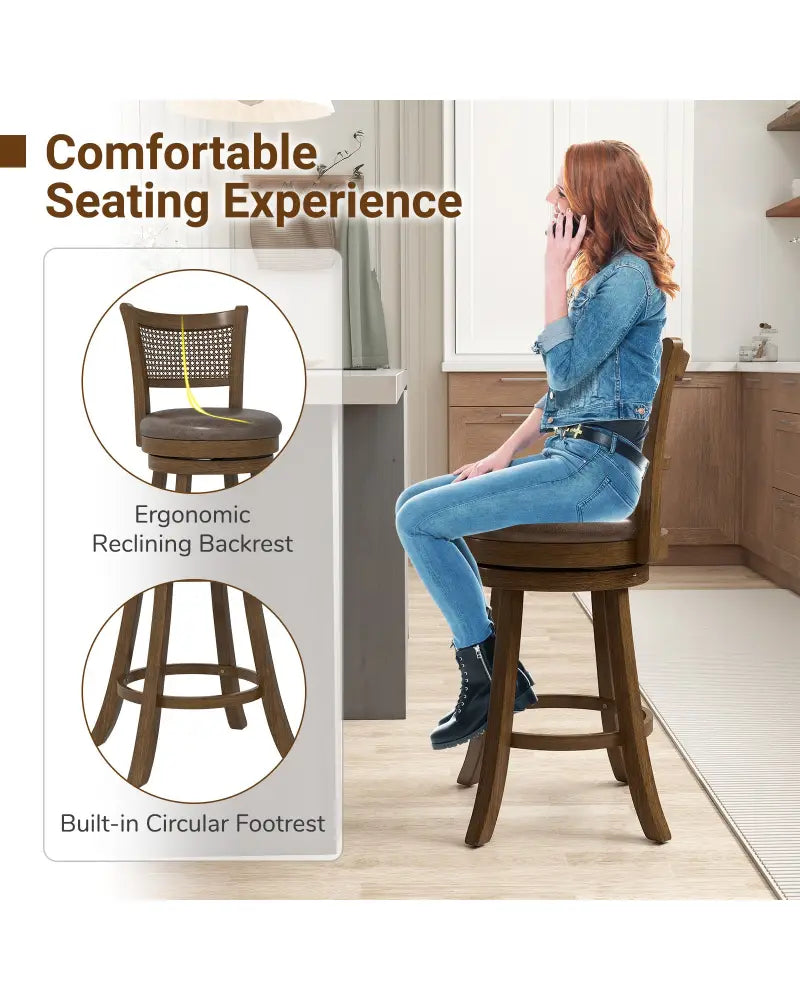 Set of 2 Bar Stools 25’’ Swivel Bar Chairs Leathaire Counter Height Stools-Brown - Brown - Bar Stools