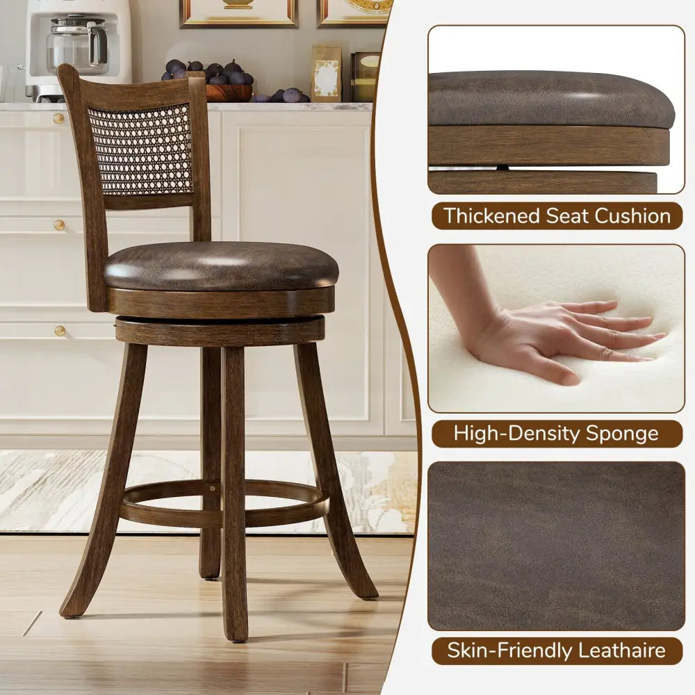 Set of 2 Bar Stools 25’’ Swivel Bar Chairs Leathaire Counter Height Stools-Brown - Brown - Bar Stools