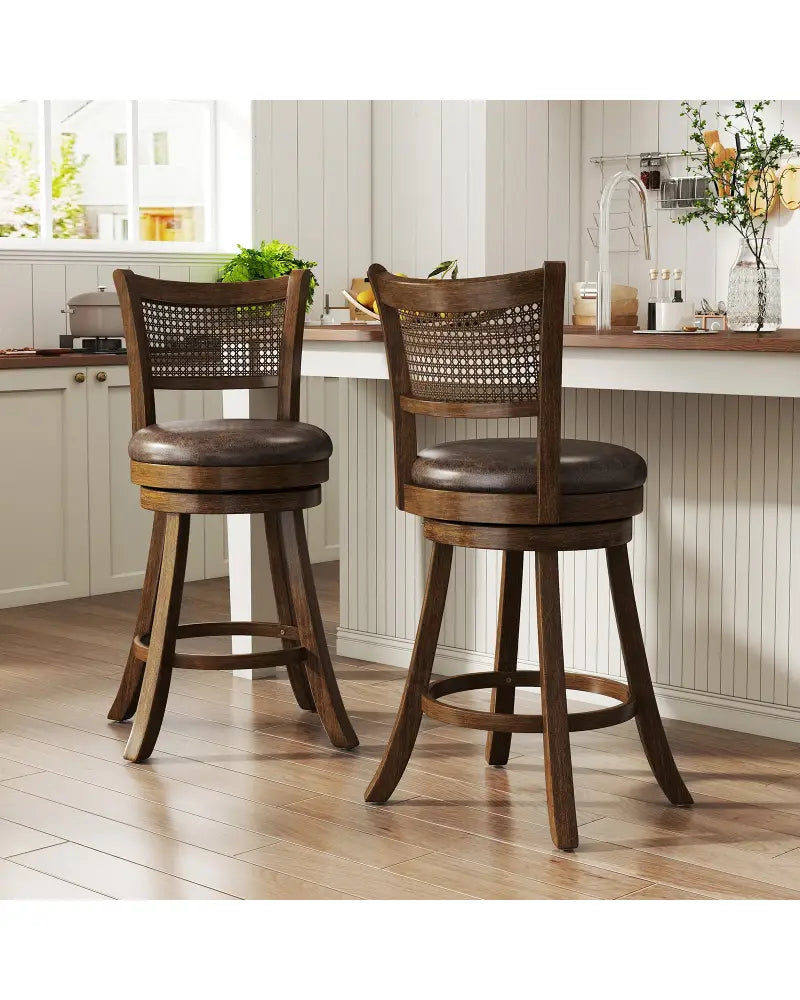 Set of 2 Bar Stools 25’’ Swivel Bar Chairs Leathaire Counter Height Stools-Brown - Brown - Bar Stools