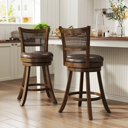 Set of 2 Bar Stools 25’’ Swivel Bar Chairs Leathaire Counter Height Stools-Brown - Brown - Bar Stools