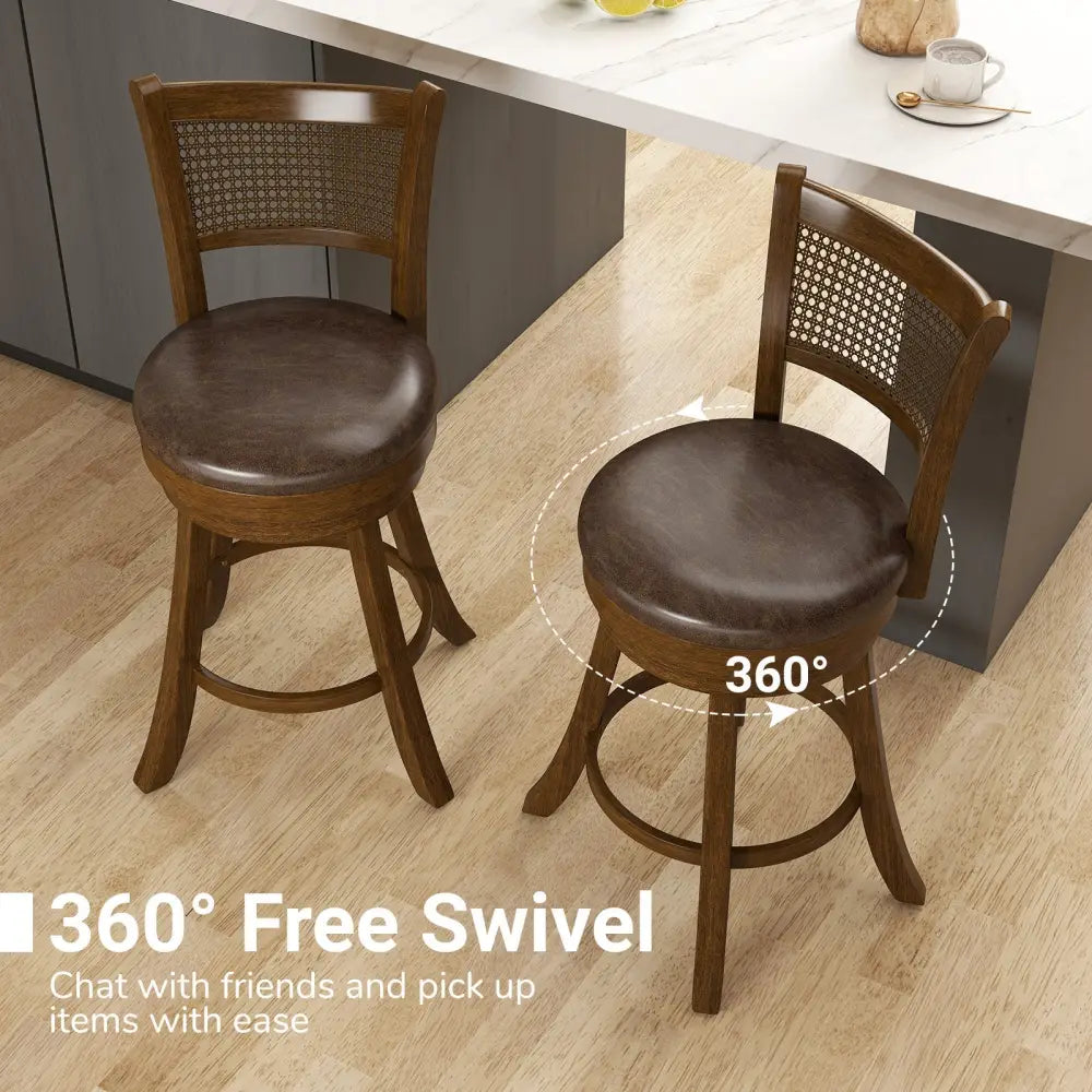 Set of 2 Bar Stools 25’’ Swivel Bar Chairs Leathaire Counter Height Stools-Brown - Brown - Bar Stools