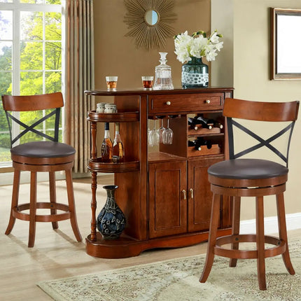 Set of 2 Bar Stools 360-Degree Swivel Dining Bar Chairs with Rubber Wood Legs-M - Walnut - Bar Stools