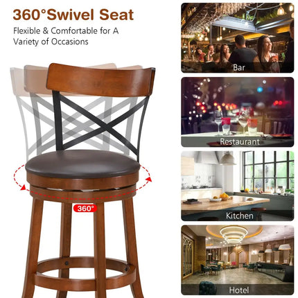 Set of 2 Bar Stools 360-Degree Swivel Dining Bar Chairs with Rubber Wood Legs-M - Walnut - Bar Stools