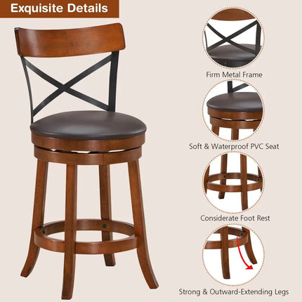 Set of 2 Bar Stools 360-Degree Swivel Dining Bar Chairs with Rubber Wood Legs-M - Walnut - Bar Stools
