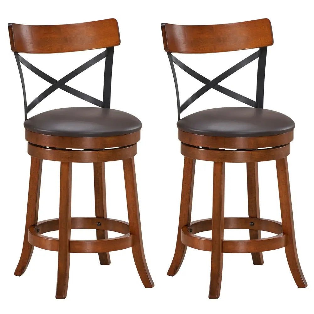 Set of 2 Bar Stools 360-Degree Swivel Dining Bar Chairs with Rubber Wood Legs-M - Walnut - Bar Stools