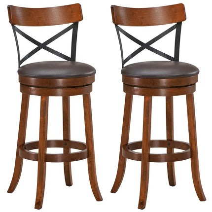 Set of 2 Bar Stools 360-Degree Swivel Dining Bar Chairs with Rubber Wood Legs-L - Walnut - Bar Stools