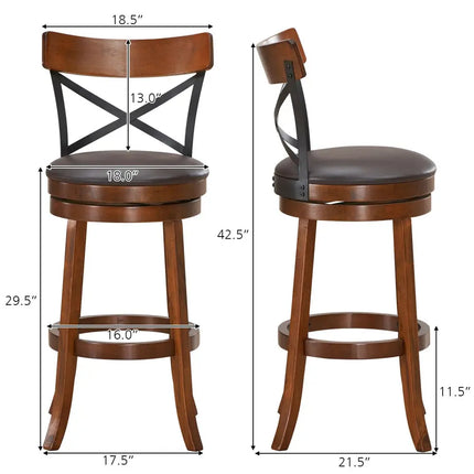 Set of 2 Bar Stools 360-Degree Swivel Dining Bar Chairs with Rubber Wood Legs-L - Walnut - Bar Stools