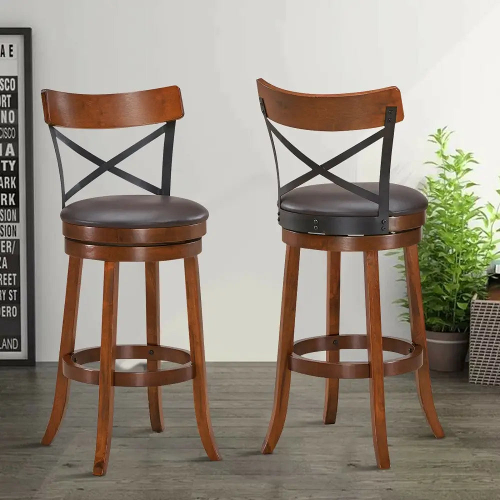 Set of 2 Bar Stools 360-Degree Swivel Dining Bar Chairs with Rubber Wood Legs-L - Walnut - Bar Stools