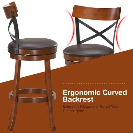 Set of 2 Bar Stools 360-Degree Swivel Dining Bar Chairs with Rubber Wood Legs-L - Walnut - Bar Stools